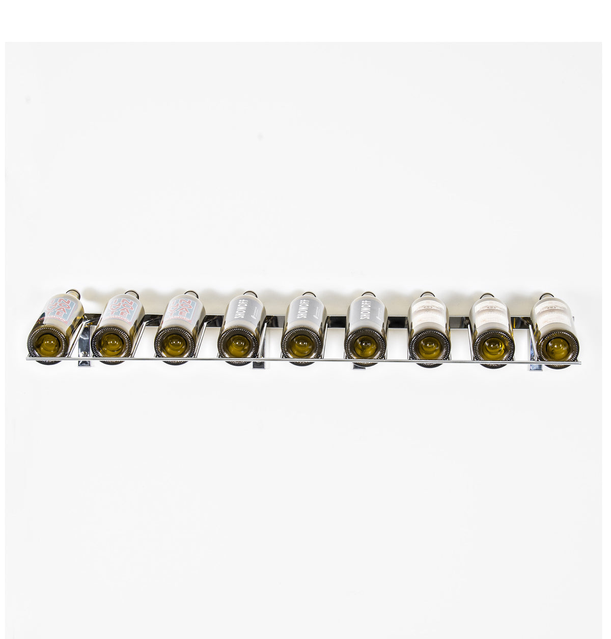 Wall-mounted wine bottle rack holding 9 bottles, long metal row with bottle neck supports