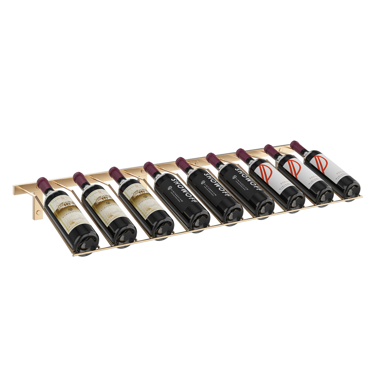 Wall-mounted wine bottle rack holding 9 bottles, bronze frame with bottle slots and end supports