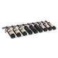 Wall-mounted wine bottle rack holding 9 bottles, silver metal frame with bottle slots along bar