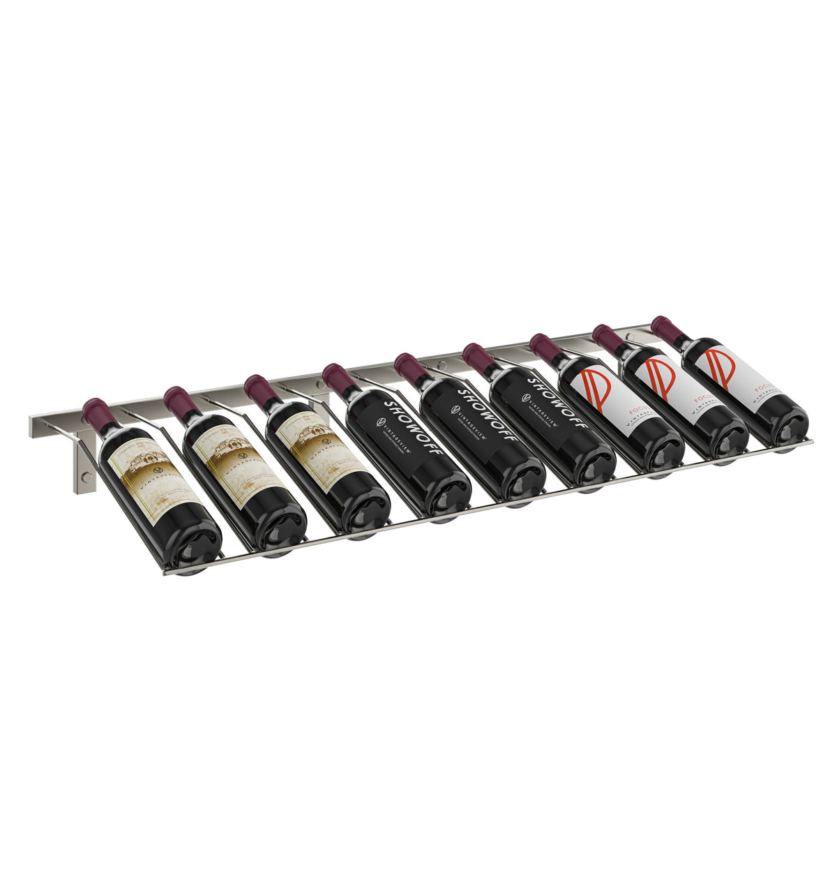 Wall-mounted wine bottle rack holding 9 bottles, silver metal frame with bottle slots along bar
