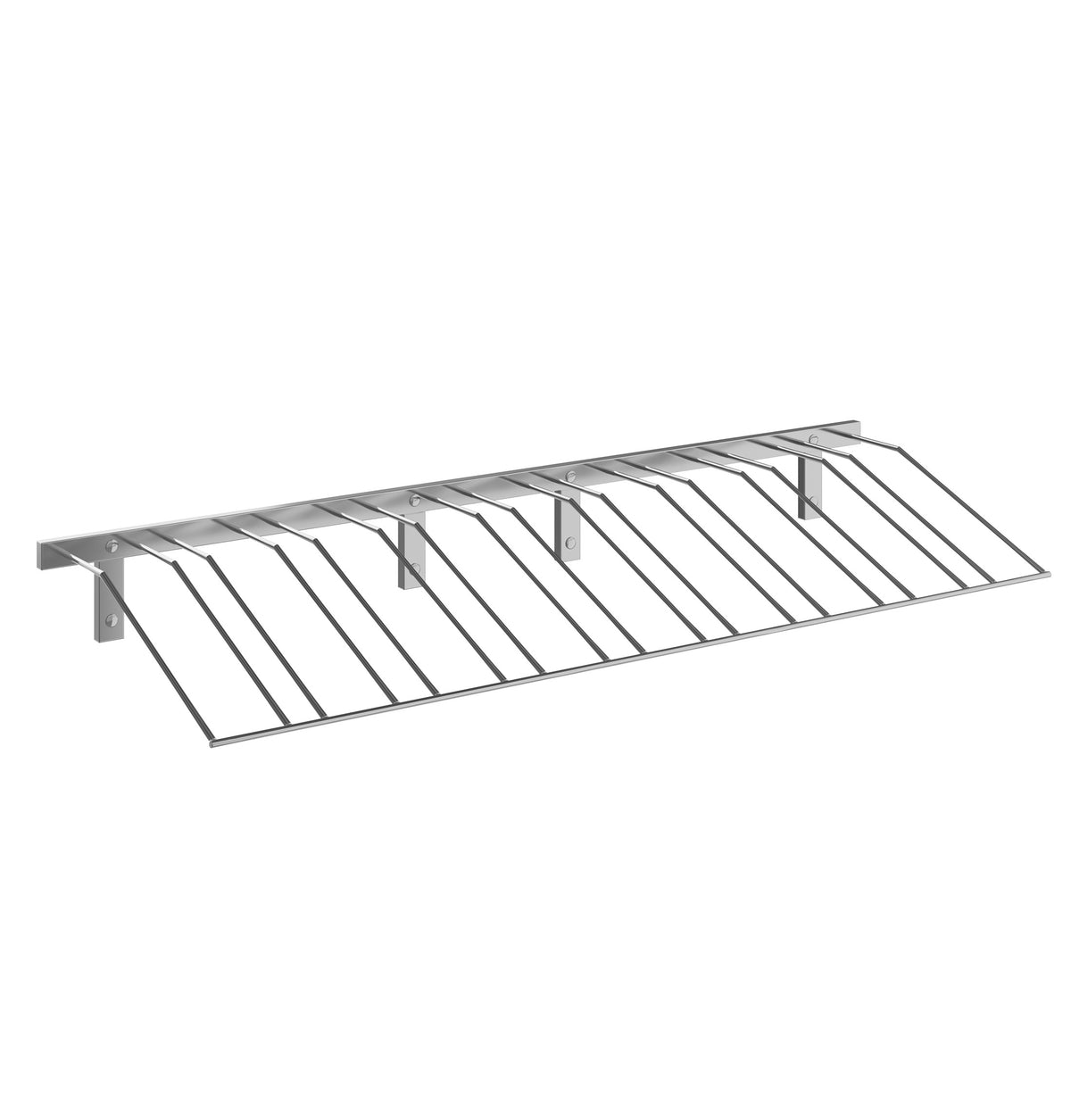Wine bottle wall rack with silver finish and slanted wire bottle holders