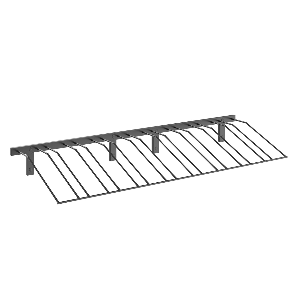 Wine bottle wall rack with dark gray finish and slanted wire bottle holders