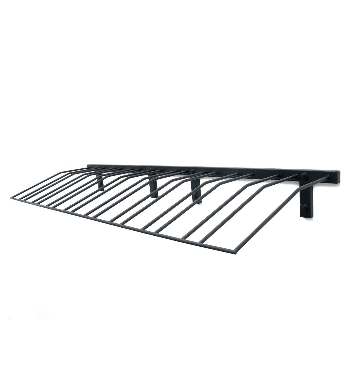Wine bottle wall rack with black finish and arched wire bottle supports