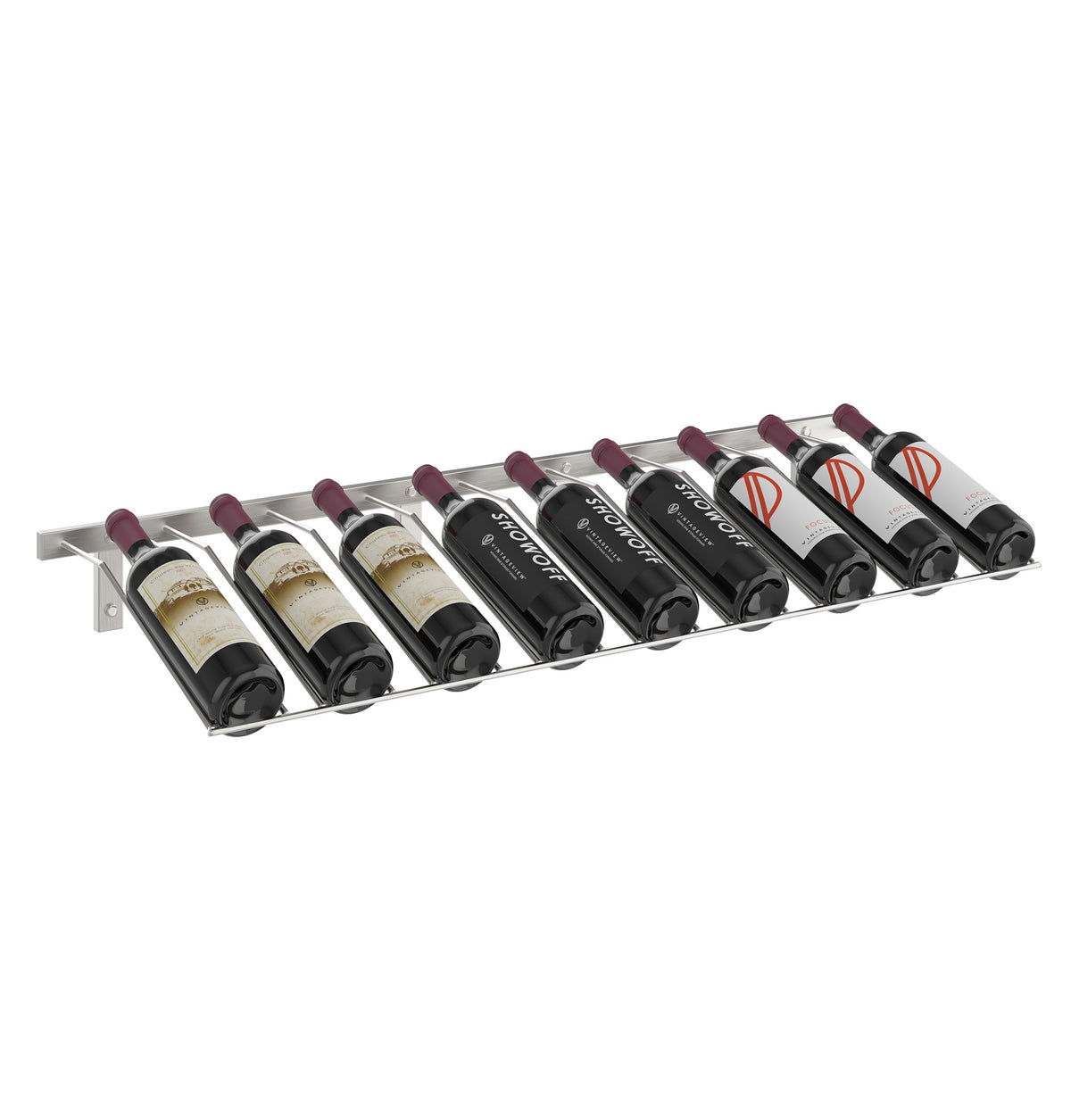 Wine bottle wall rack with silver finish and wire cradle holds multiple bottles