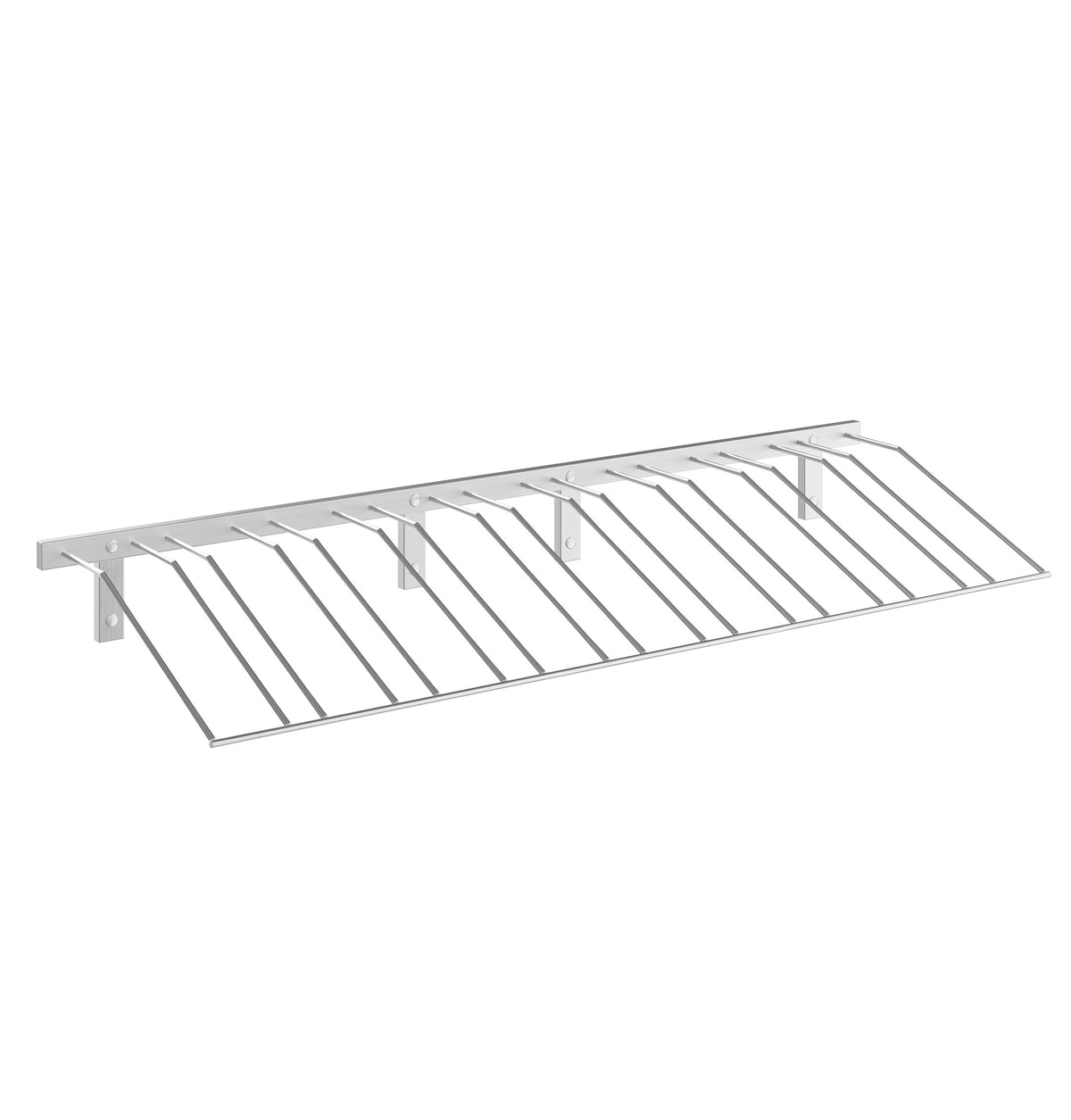 Wine bottle wall rack with brushed silver finish and slanted wire bottle holders