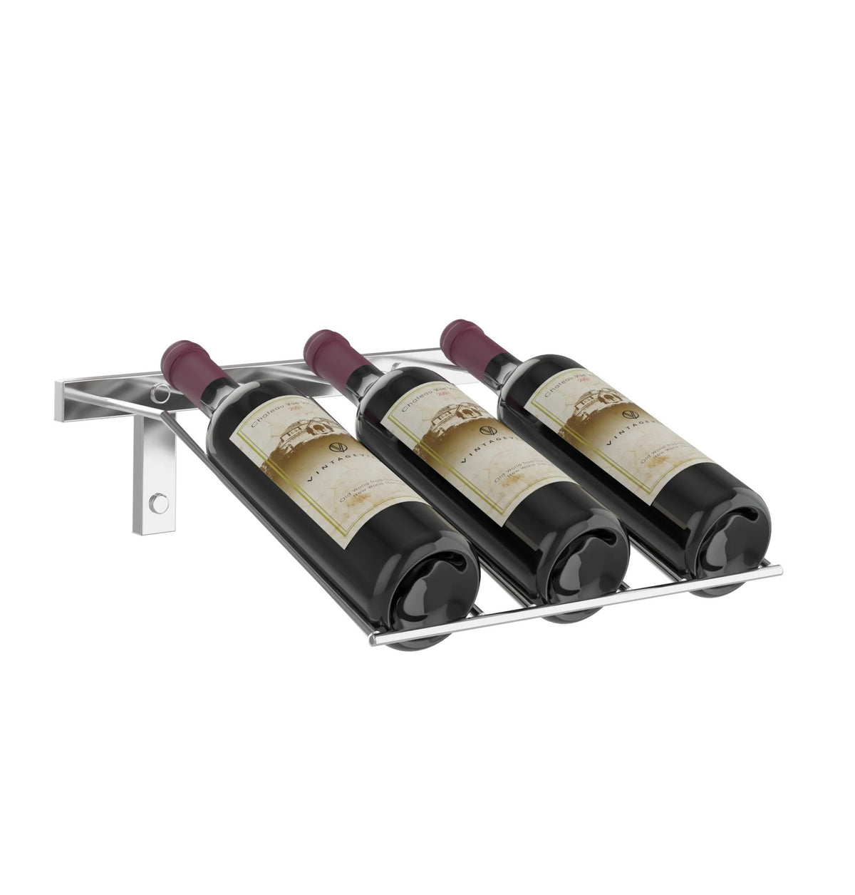 Wall-mounted wine bottle rack holding three dark bottles with burgundy corks.