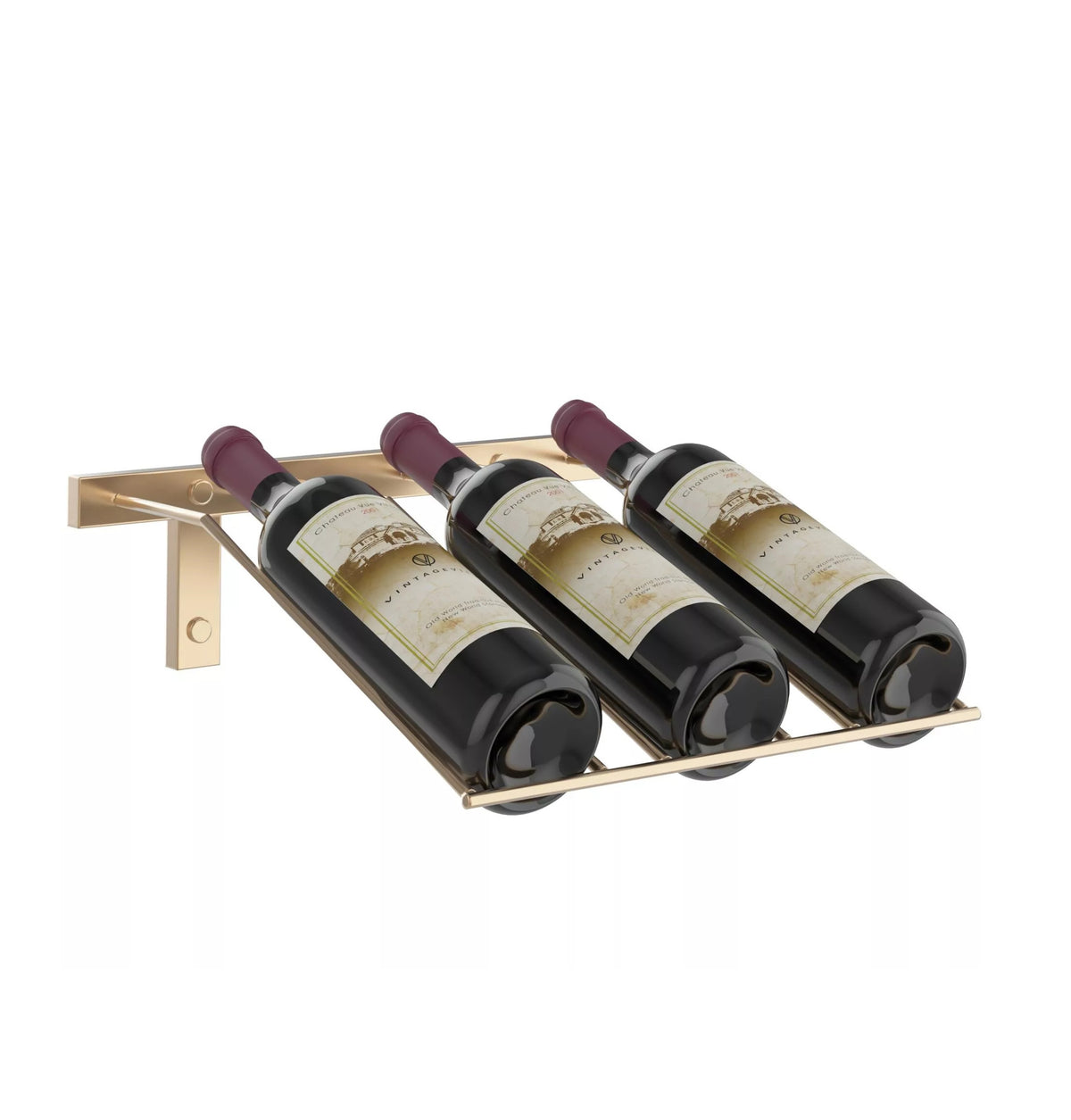Wall-mounted wine bottle rack holding three dark bottles with burgundy corks.