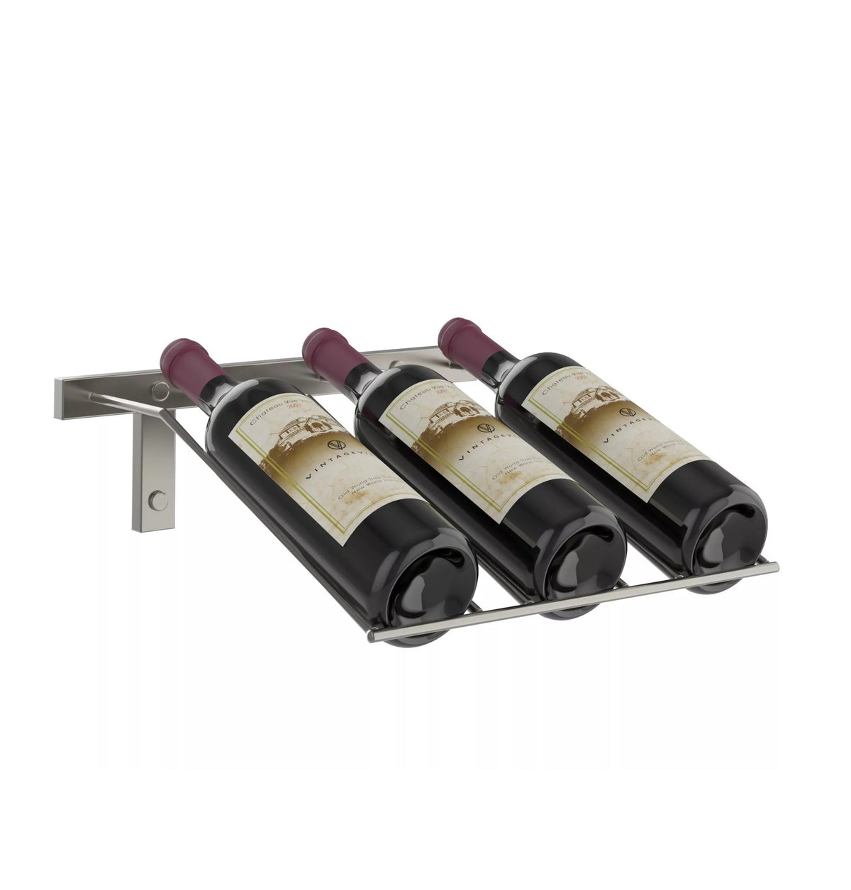 Wall-mounted wine bottle rack with three dark bottles and burgundy corks, side view.