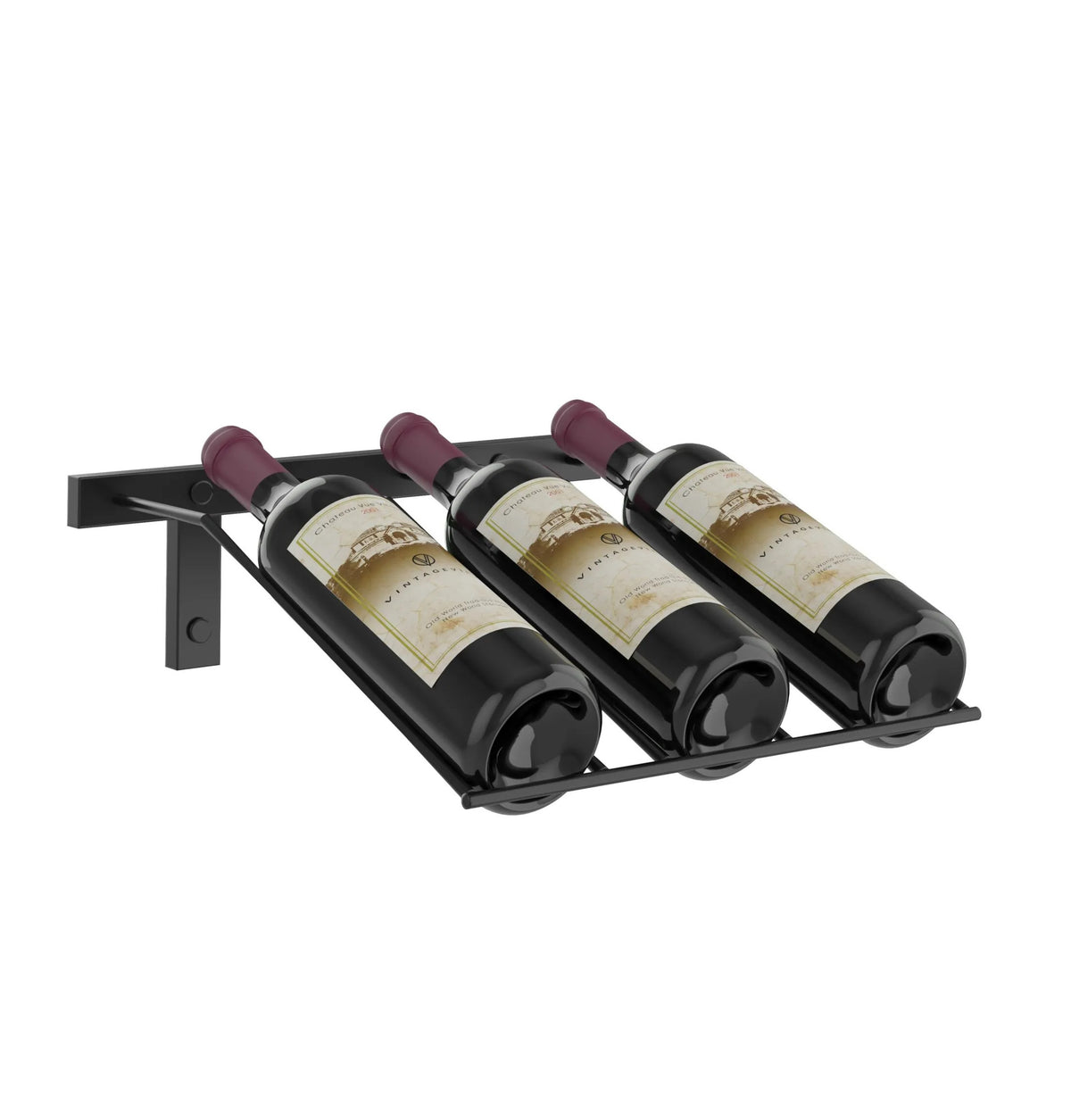 Wall-mounted wine bottle rack holding three dark bottles with burgundy corks.