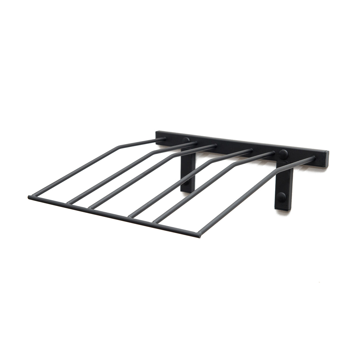 Black wall wine bottle rack frame with five curved bottle holders and side supports.