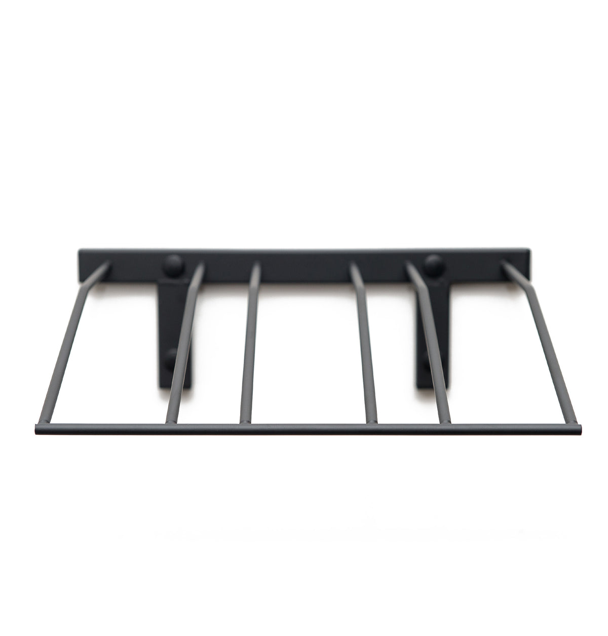 Black wall wine bottle rack with five vertical bottle slots and top mounting bar.