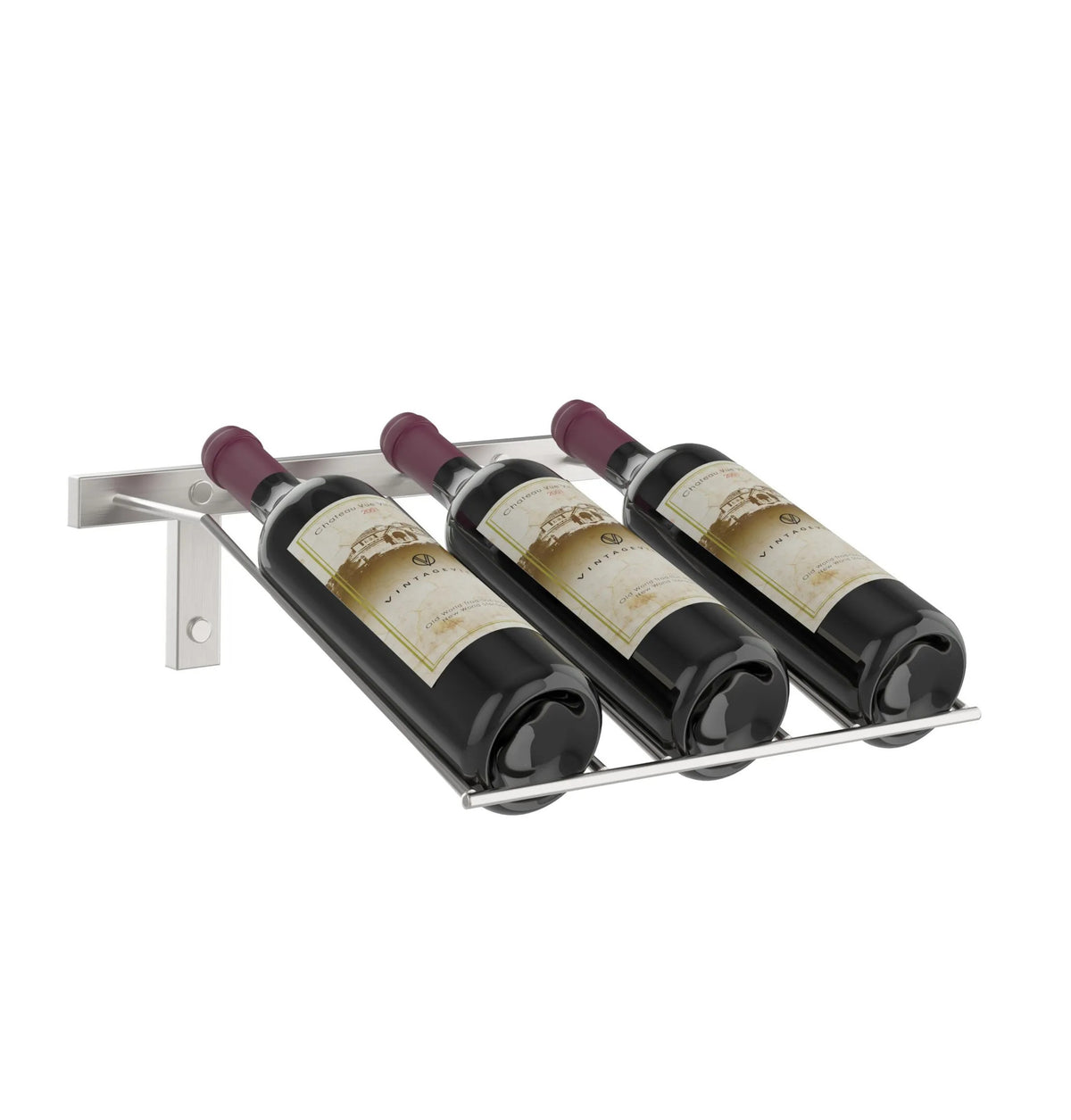 Wall-mounted wine bottle rack holding three dark bottles with burgundy corks.