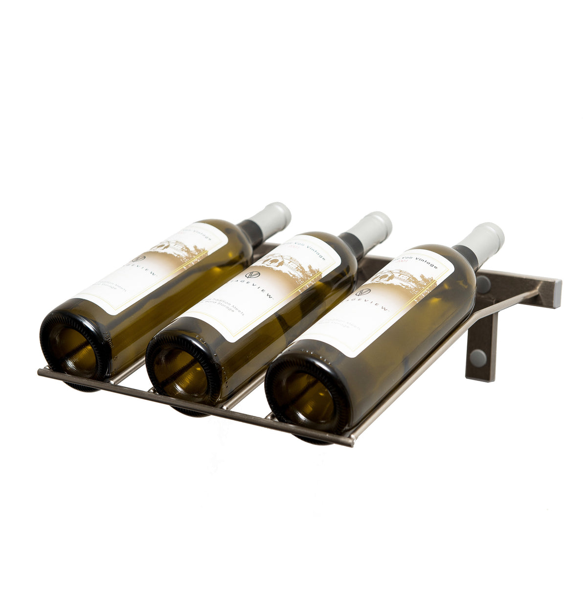 Wall-mounted wine bottle rack holding 3 bottles, dark metal frame with neck rests