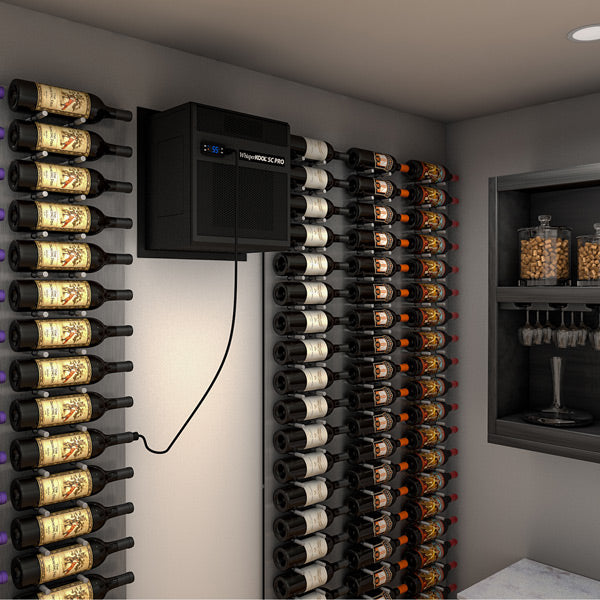 Wine cellar cooling system with central unit and rows of wine bottles in racks