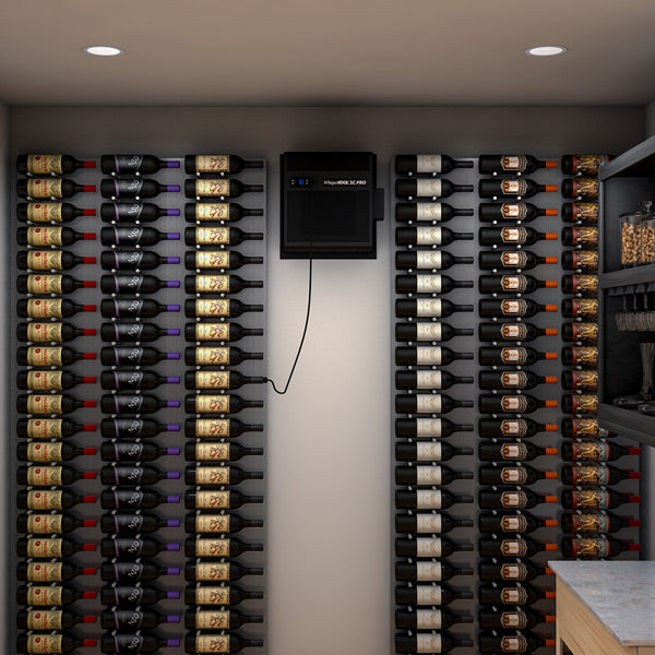 Wine cellar cooling system with bottle storage racks on both sides and controller screen