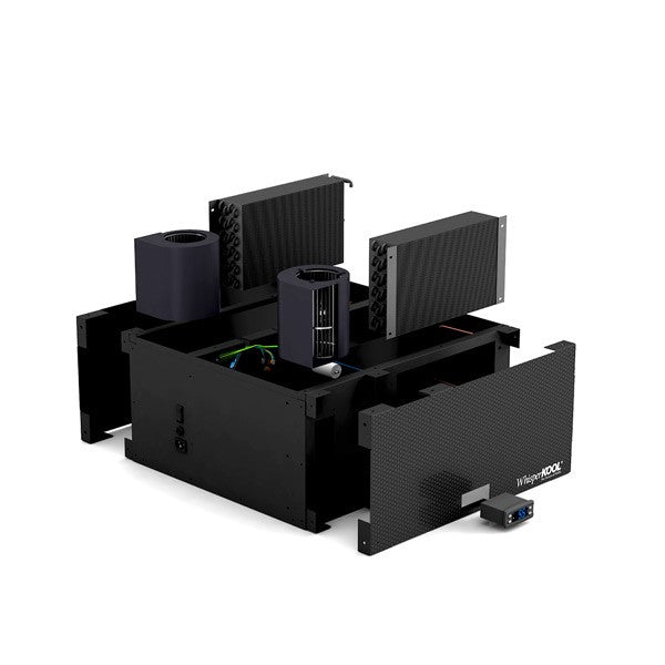 WhisperKOOL wine cellar cooling system with open housing panels and control module