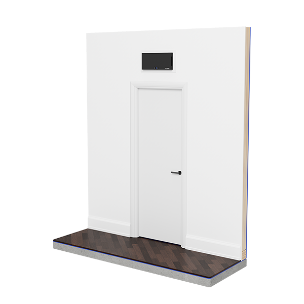 Through-wall wine cellar cooling system with wall-mounted unit and floor base