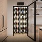 Through-wall wine cellar cooling unit with open door and rows of wine bottles