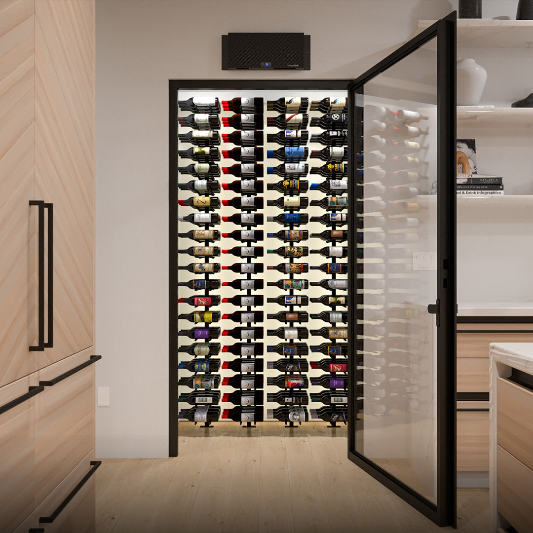 Through-wall wine cellar cooling unit with open door and rows of wine bottles