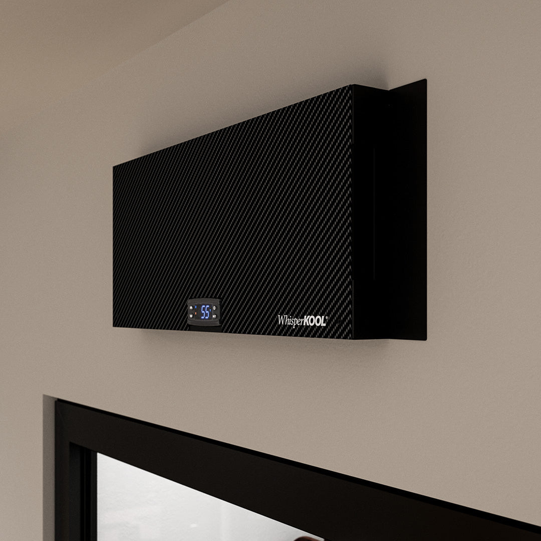 Wall-mounted WhisperKOOL slimline cooling unit with blue digital temperature display