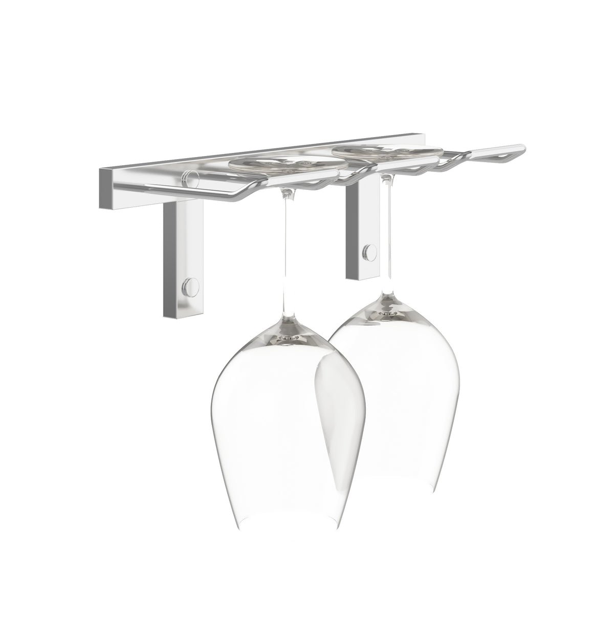 Wall-mounted stemware rack with clear glass hooks holding wine glasses