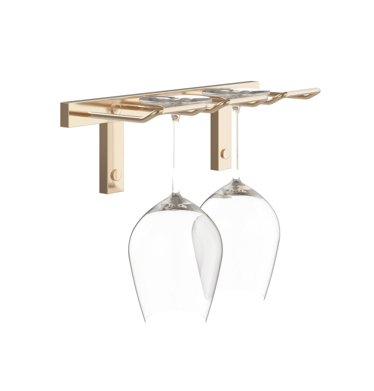 Gold-tone wall-mounted stemware rack with hooks holding wine glasses