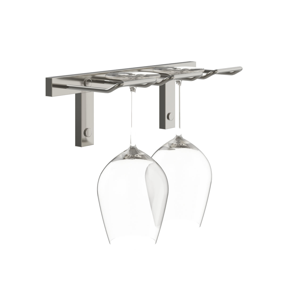 Silver-tone wall-mounted stemware rack with glass hooks holding wine glasses