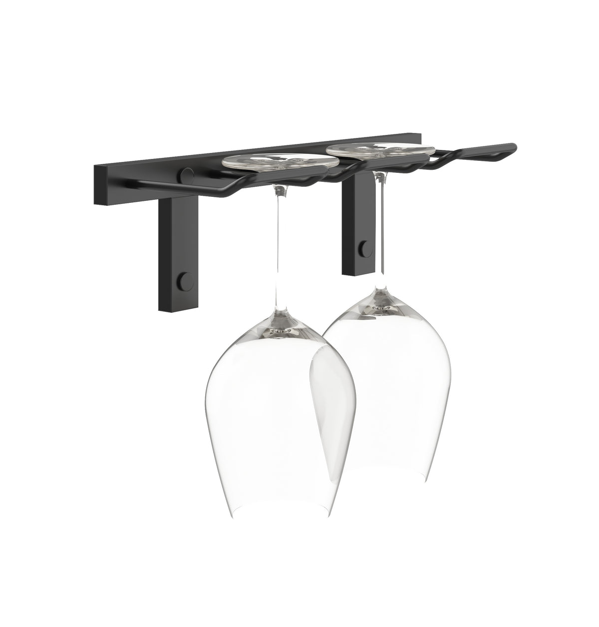 Black wall-mounted stemware rack with hooks holding wine glasses