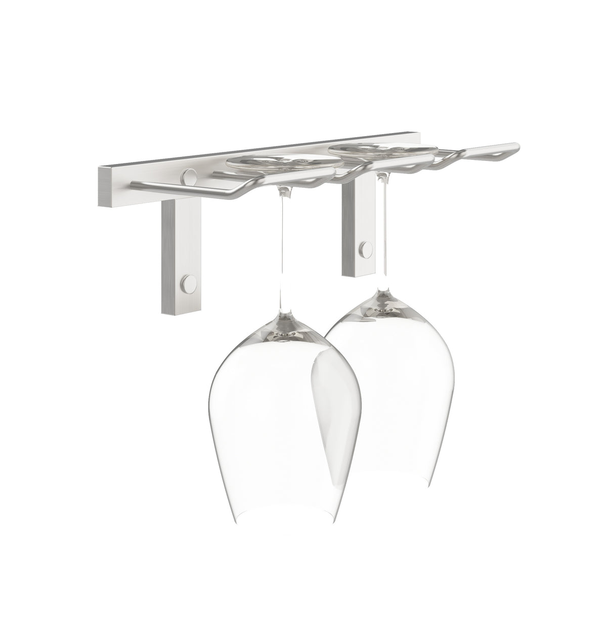 Silver-tone wall-mounted stemware rack holding two wine glasses