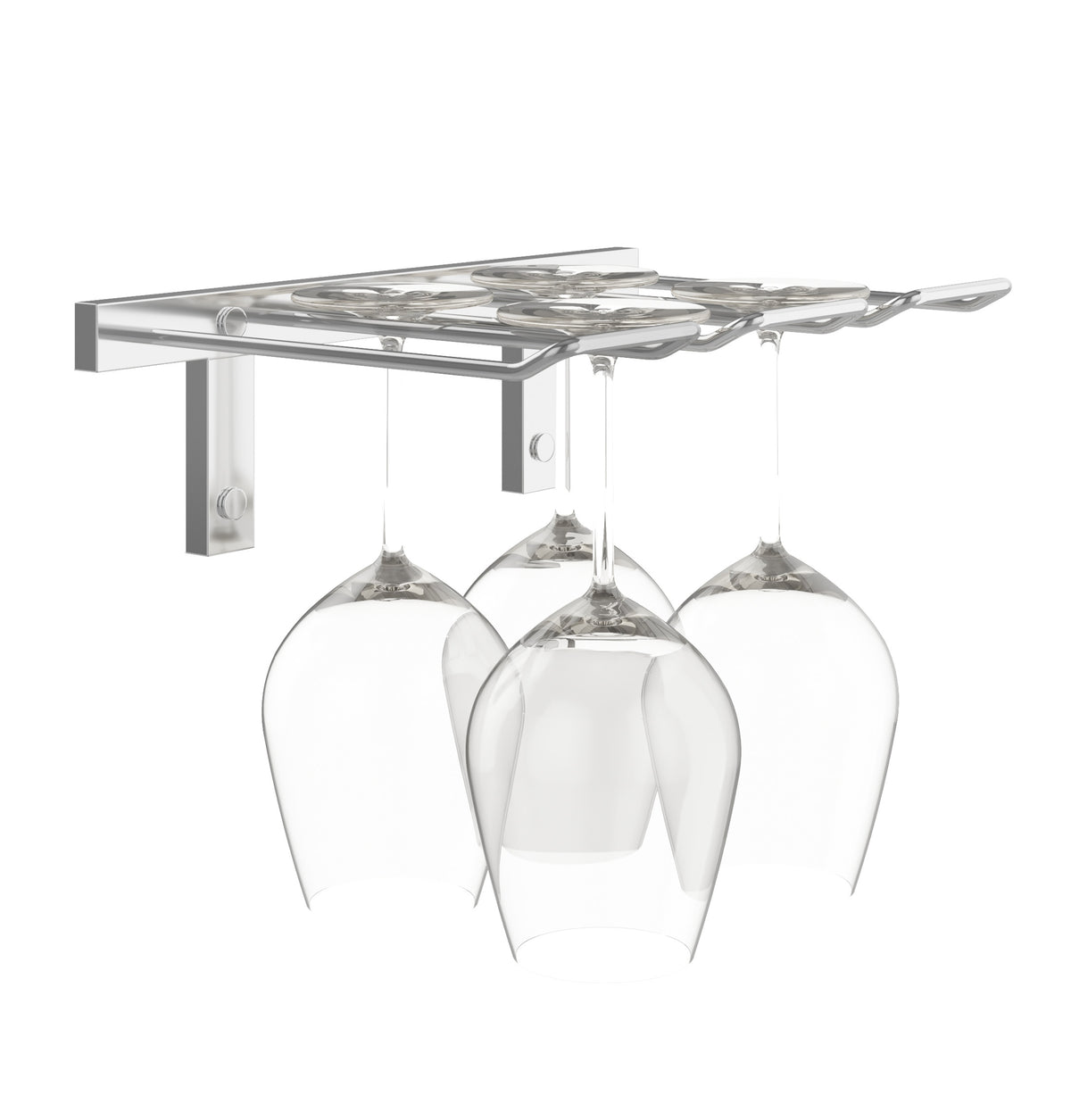 Silver-tone wall-mounted stemware rack holding four wine glasses