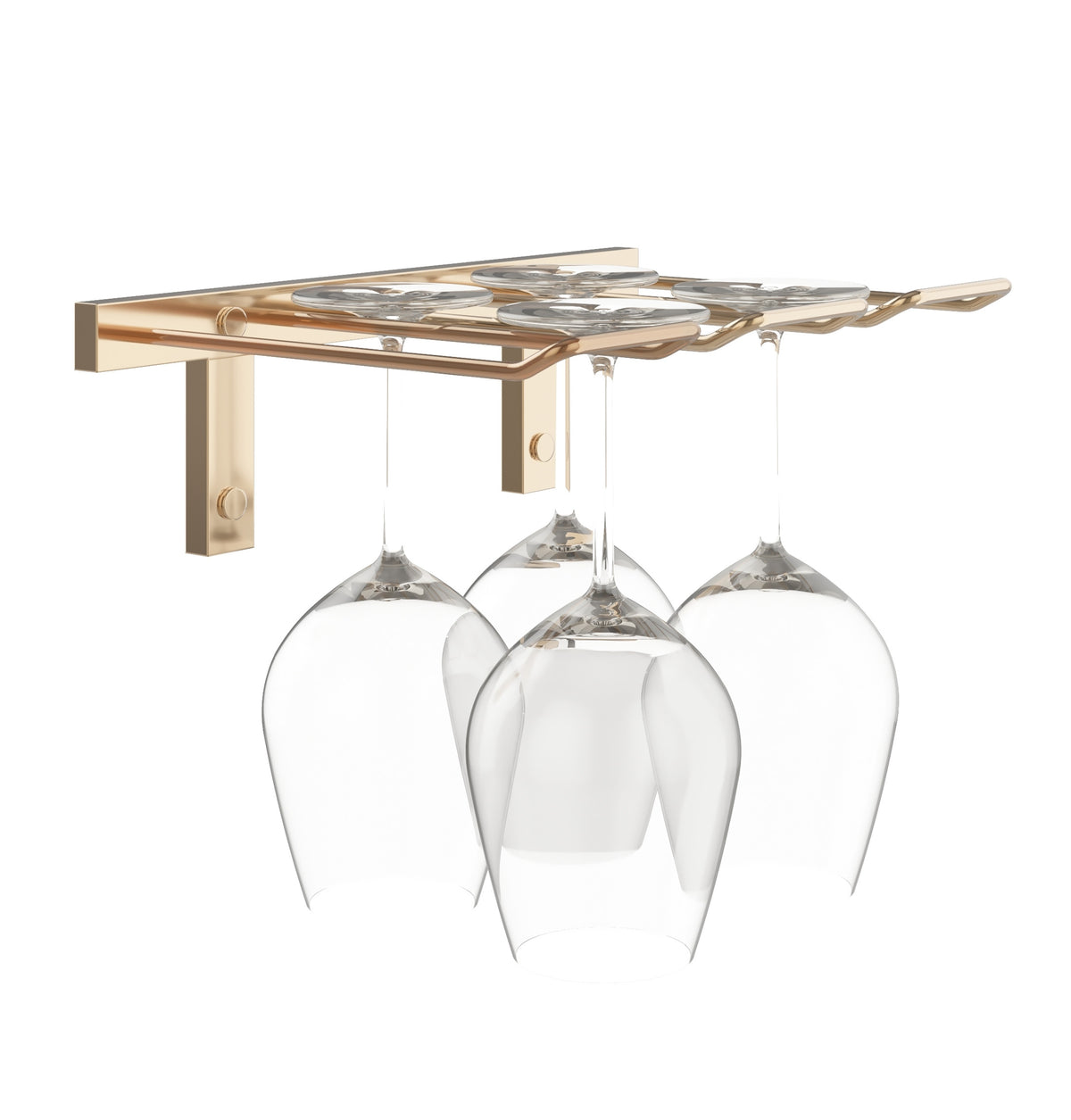 Gold-tone wall-mounted stemware rack holding four wine glasses