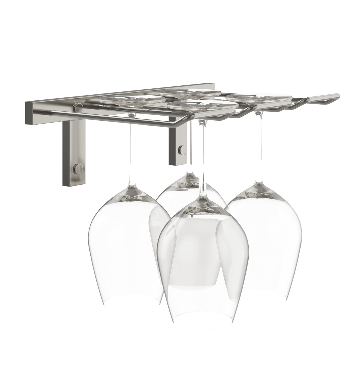 Silver-tone wall-mounted stemware rack holding four wine glasses