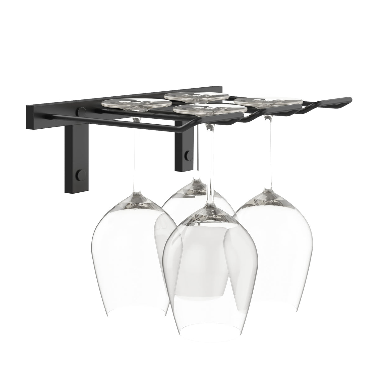Black wall-mounted stemware rack holding four wine glasses