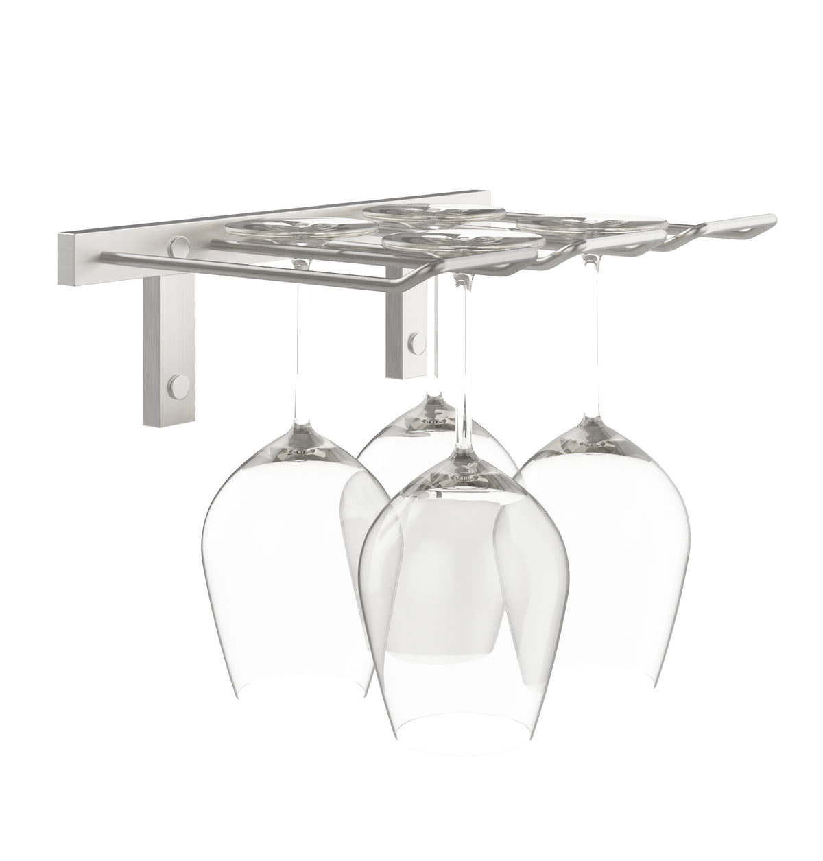 Silver-tone wall-mounted stemware rack holding three wine glasses