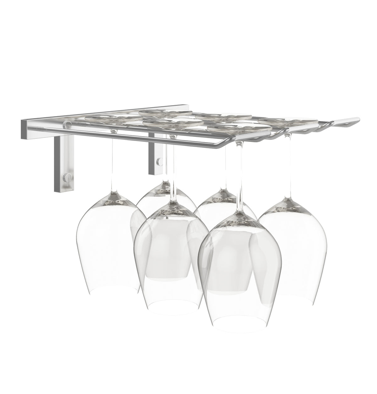 Silver-tone wall-mounted stemware rack holding four wine glasses