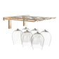 Gold-tone wall-mounted stemware rack holding four wine glasses