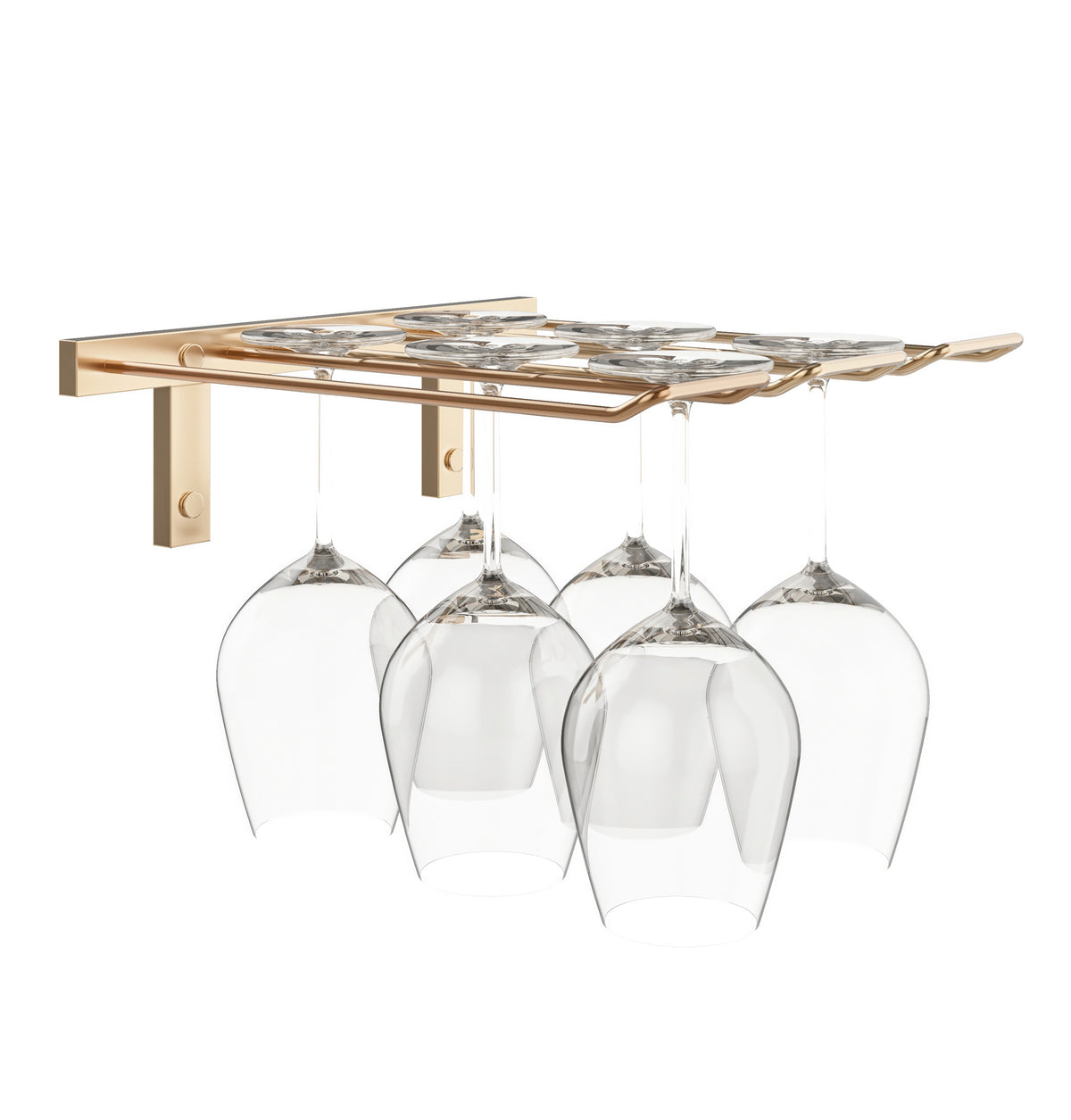 Gold-tone wall-mounted stemware rack holding four wine glasses