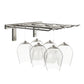 Silver-tone wall-mounted stemware rack holding four wine glasses