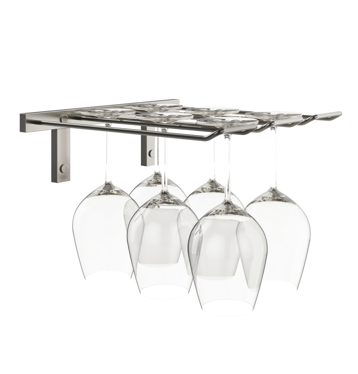 Silver-tone wall-mounted stemware rack holding four wine glasses