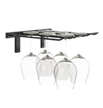 Black wall-mounted stemware rack holding four wine glasses