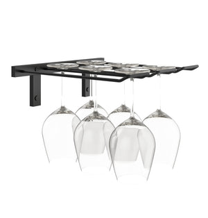 Black wall-mounted stemware rack holding four wine glasses