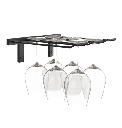 Black wall-mounted stemware rack holding four wine glasses