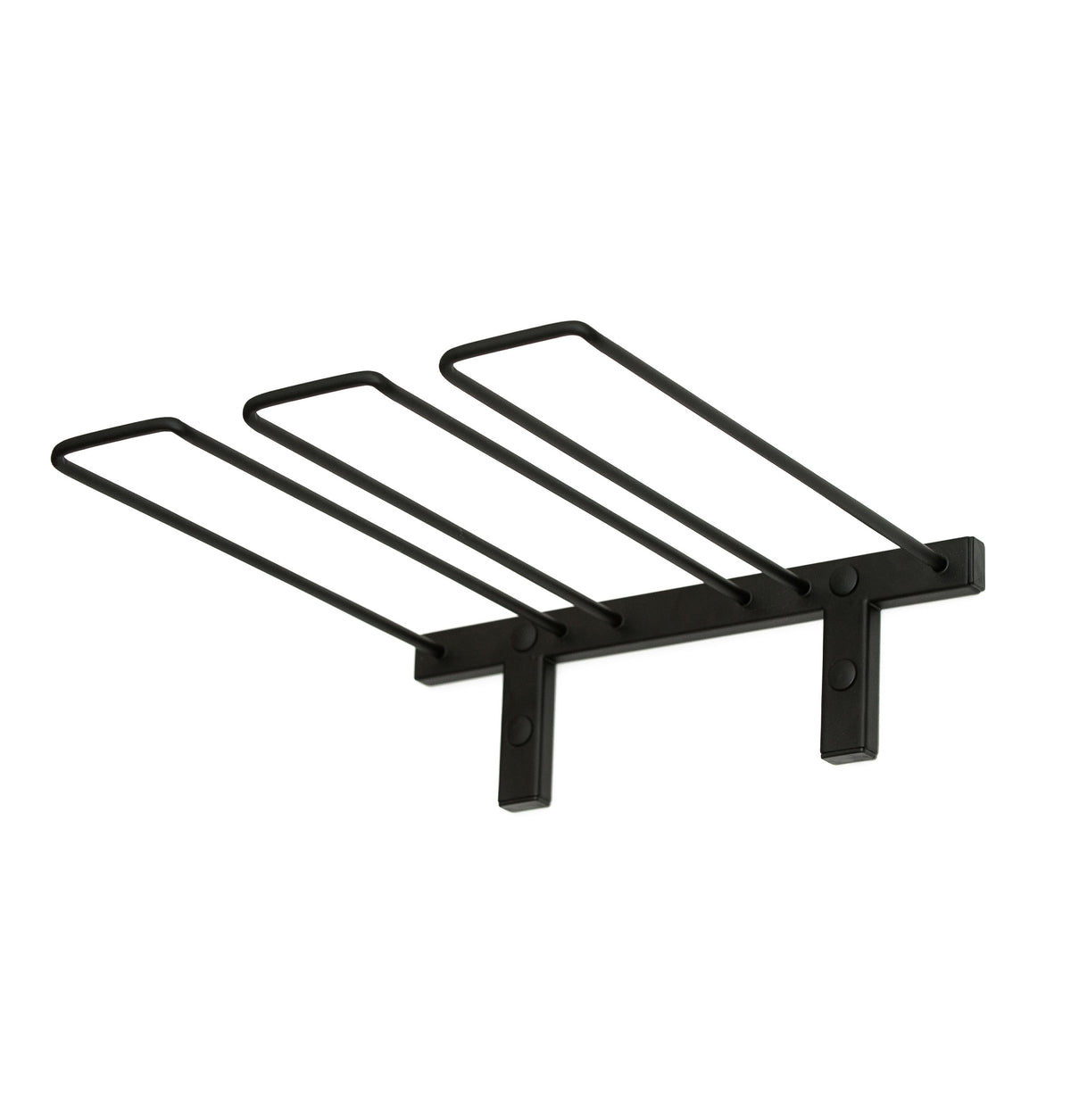 Black wall-mounted glass rack with arched slots and side brackets