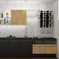 Wall-mounted stemware rack in a kitchen bar with hanging glasses