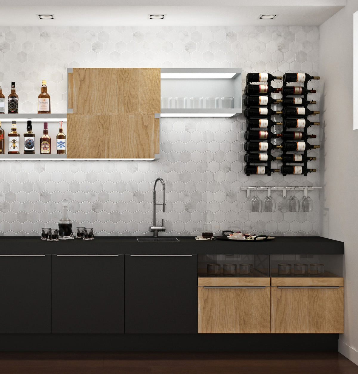 Wall-mounted stemware rack in a kitchen bar with hanging glasses
