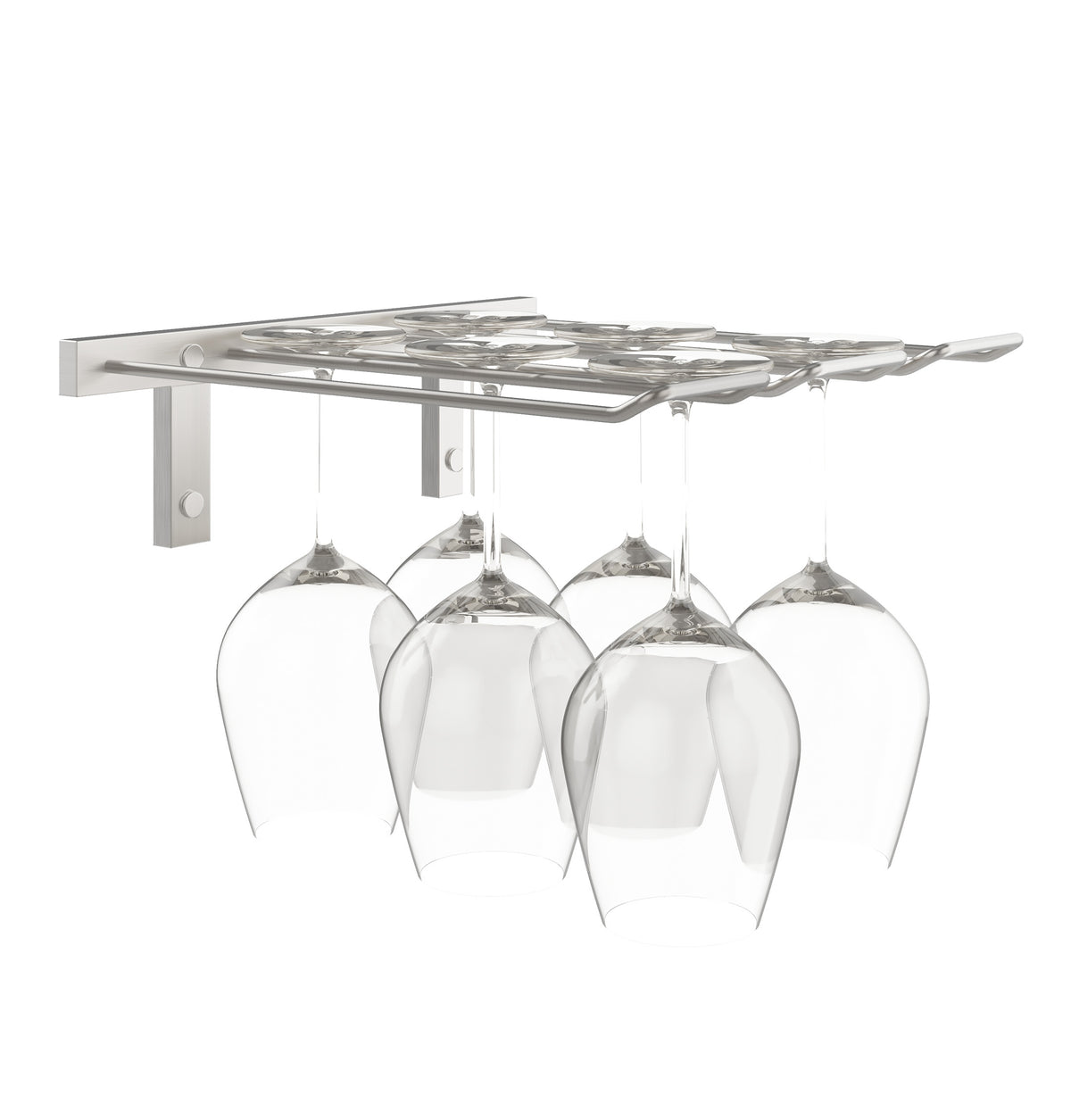 Silver-tone wall-mounted stemware rack holding four wine glasses