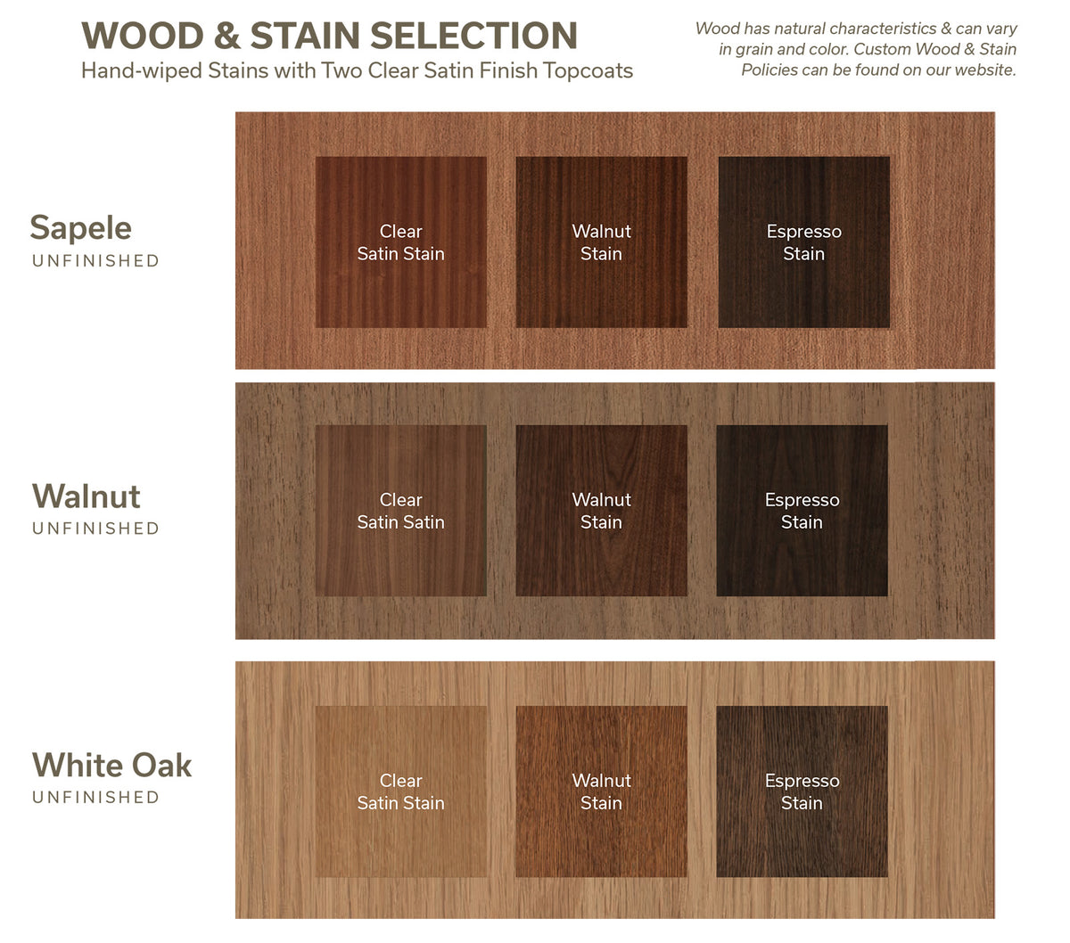 Wood and stain selection chart with three wood species and multiple stain swatches.