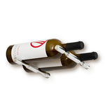 Two-bottle wine pin holder in dark bronze finish, holding a clear bottle on curved supports