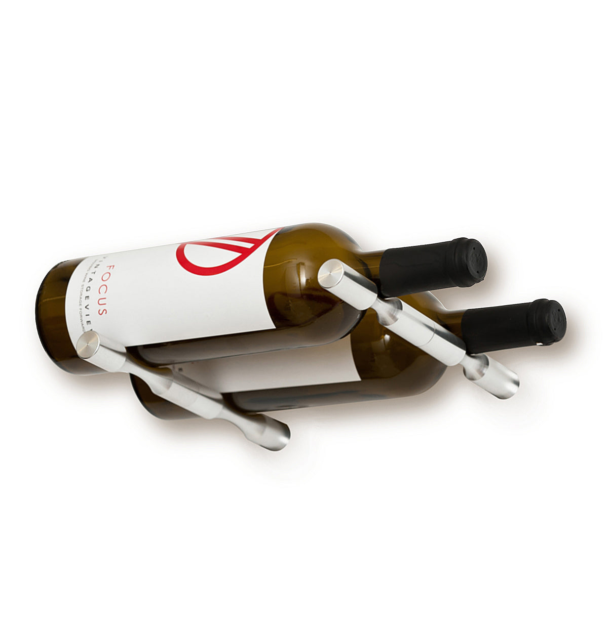 Two-bottle wine pin holder in dark bronze finish, holding a clear bottle on curved supports