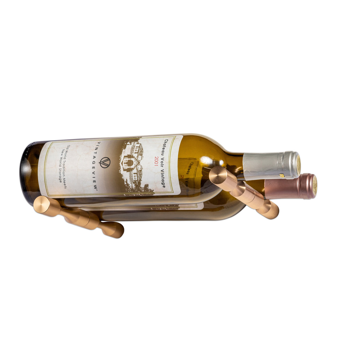 Two-bottle wine pin holder in golden bronze finish, holding a clear wine bottle